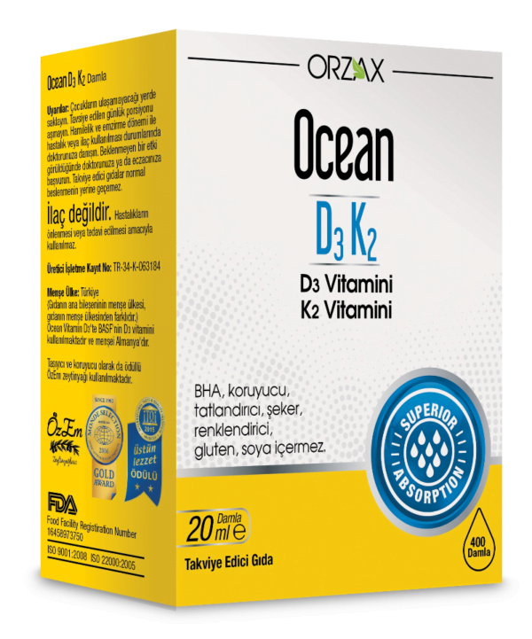 فيتامين دال + فيتامين K لتثبيته في العظام من ماركة أوشن OCEAN D3 K2 20 ML DAMLA